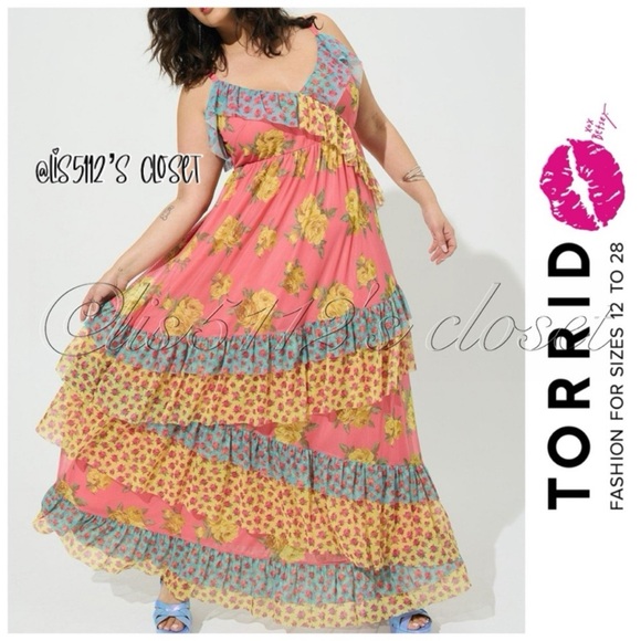 Torrid Betsey Johnson Romantic Rose Floral Mesh Ruffle Maxi Dress 2X 18 20 - Picture 1 of 15
